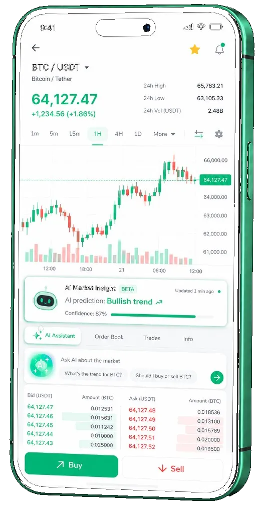 Wexmont trading platform on mobile — live BTC/USDT chart, order book, and buy/sell interface